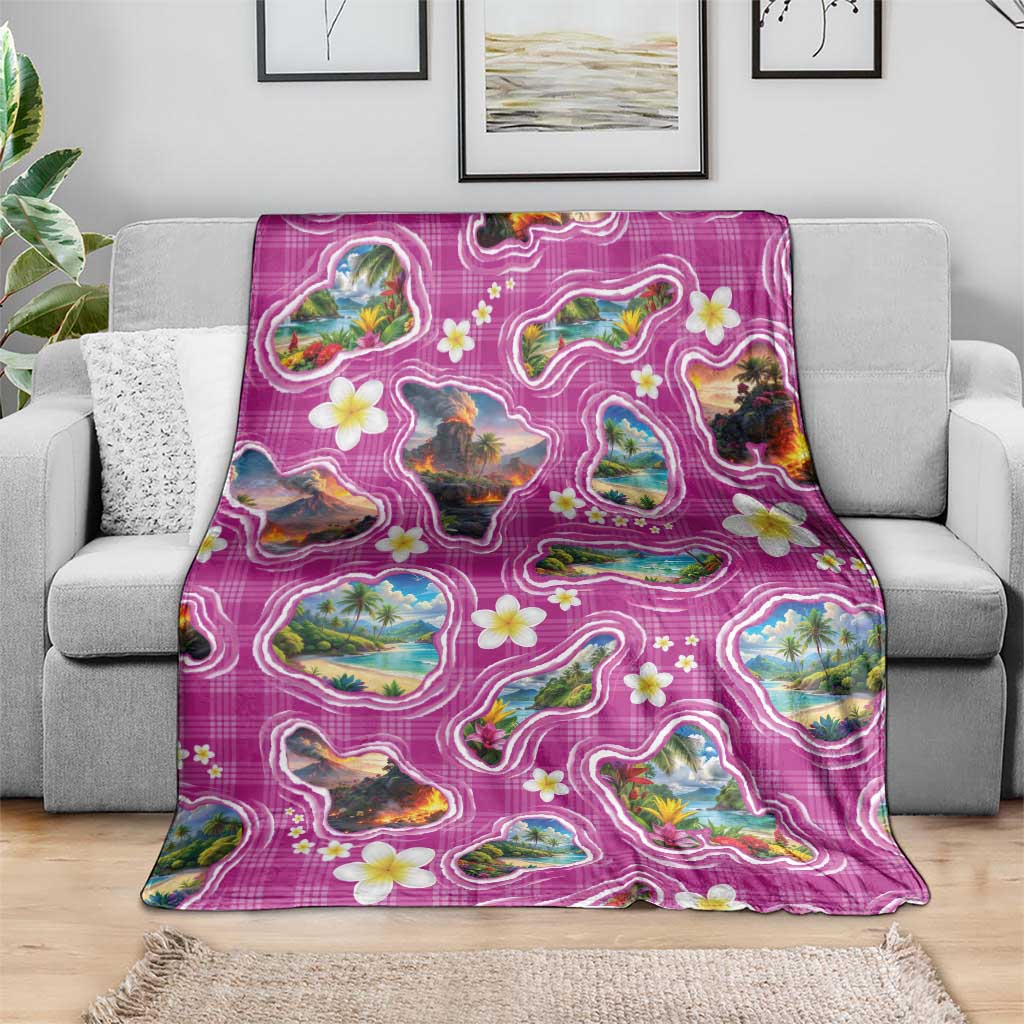 Hawaiian Island Shapes-Iconic Landscape Blanket with Plumeria and Palaka Pink Color LT03 - Polynesian Pride
