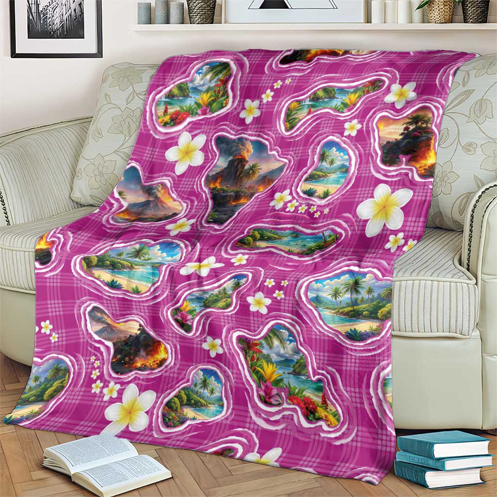 Hawaiian Island Shapes-Iconic Landscape Blanket with Plumeria and Palaka Pink Color LT03 - Polynesian Pride