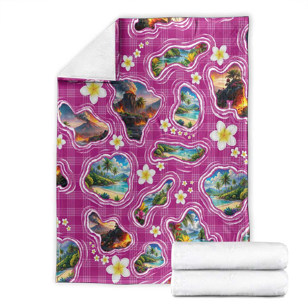 Hawaiian Island Shapes-Iconic Landscape Blanket with Plumeria and Palaka Pink Color LT03 - Polynesian Pride