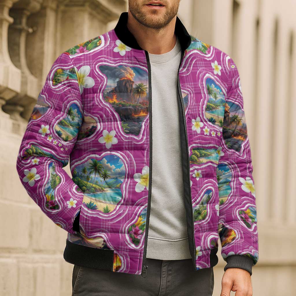 Hawaiian Island Shapes-Iconic Landscape Bomber Puffer Jacket with Plumeria and Palaka Pink Color LT03 - Polynesian Pride