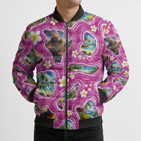 Hawaiian Island Shapes-Iconic Landscape Bomber Puffer Jacket with Plumeria and Palaka Pink Color LT03 - Polynesian Pride