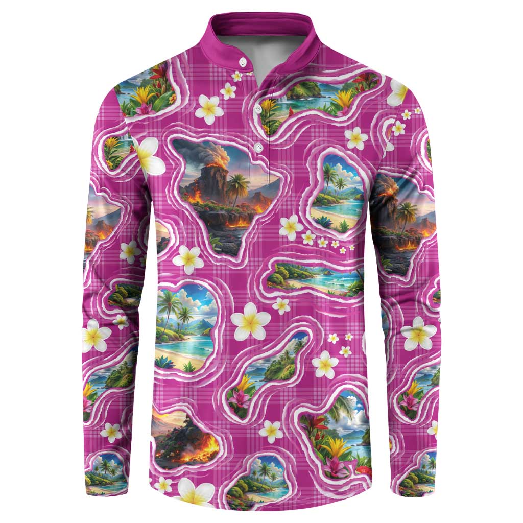 Hawaiian Island Shapes-Iconic Landscape Button Sweatshirt with Plumeria and Palaka Pink Color