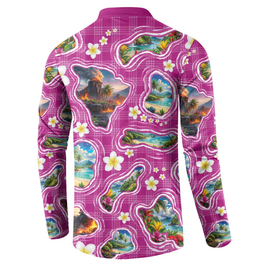 Hawaiian Island Shapes-Iconic Landscape Button Sweatshirt with Plumeria and Palaka Pink Color