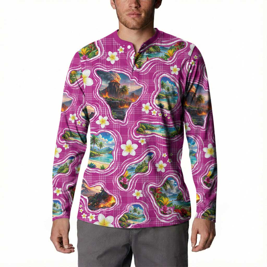 Hawaiian Island Shapes-Iconic Landscape Button Sweatshirt with Plumeria and Palaka Pink Color