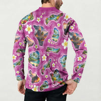 Hawaiian Island Shapes-Iconic Landscape Button Sweatshirt with Plumeria and Palaka Pink Color