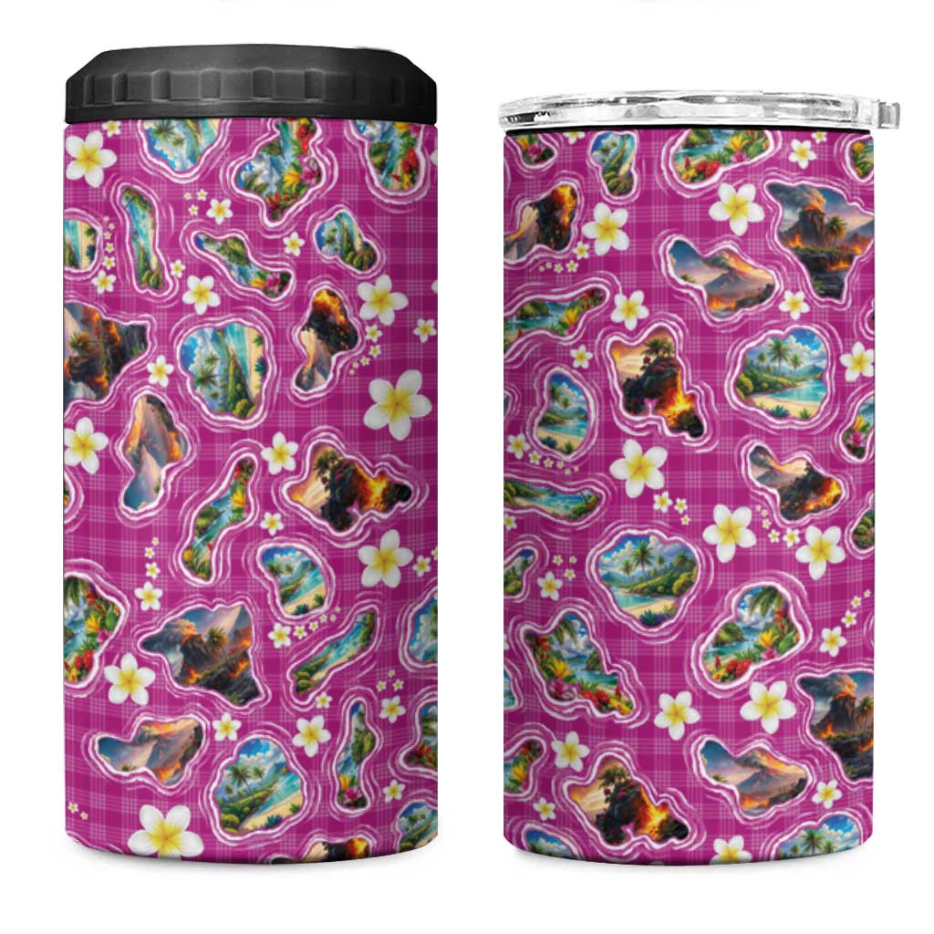 Hawaiian Island Shapes-Iconic Landscape 4 in 1 Can Cooler Tumbler with Plumeria and Palaka Pink Color LT03 One Size: 16 oz Pink - Polynesian Pride