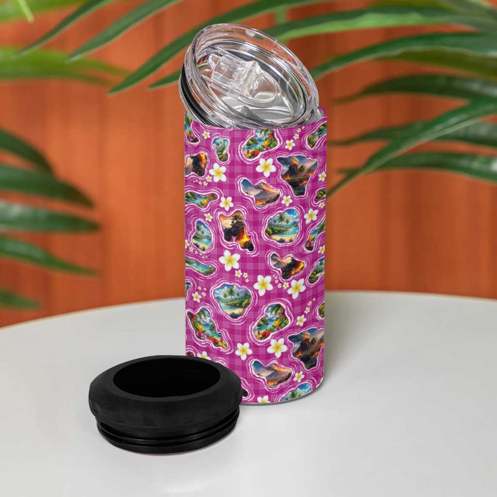 Hawaiian Island Shapes-Iconic Landscape 4 in 1 Can Cooler Tumbler with Plumeria and Palaka Pink Color LT03 - Polynesian Pride