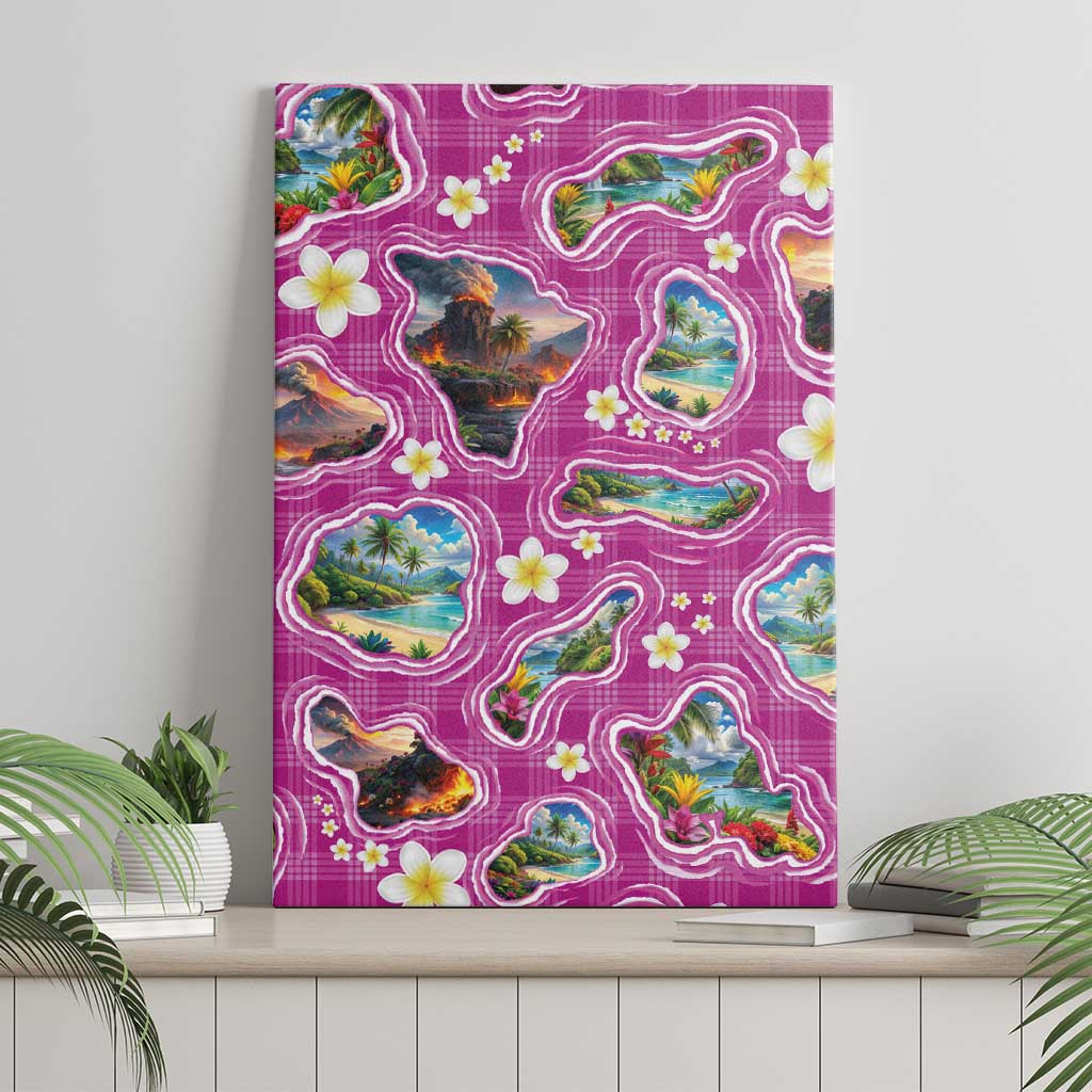 Hawaiian Island Shapes-Iconic Landscape Canvas Wall Art with Plumeria and Palaka Pink Color LT03 - Polynesian Pride