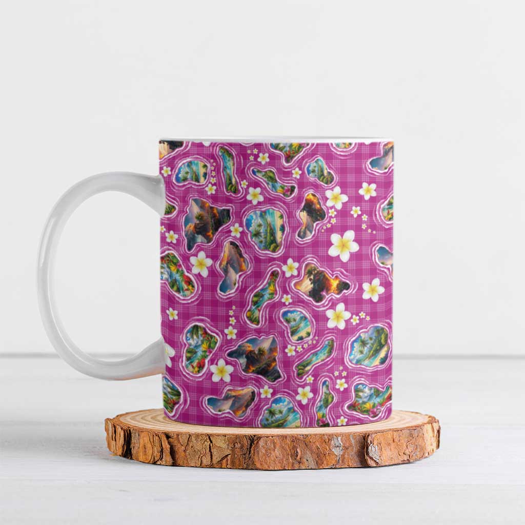 Hawaiian Island Shapes-Iconic Landscape Ceramic Mug with Plumeria and Palaka Pink Color