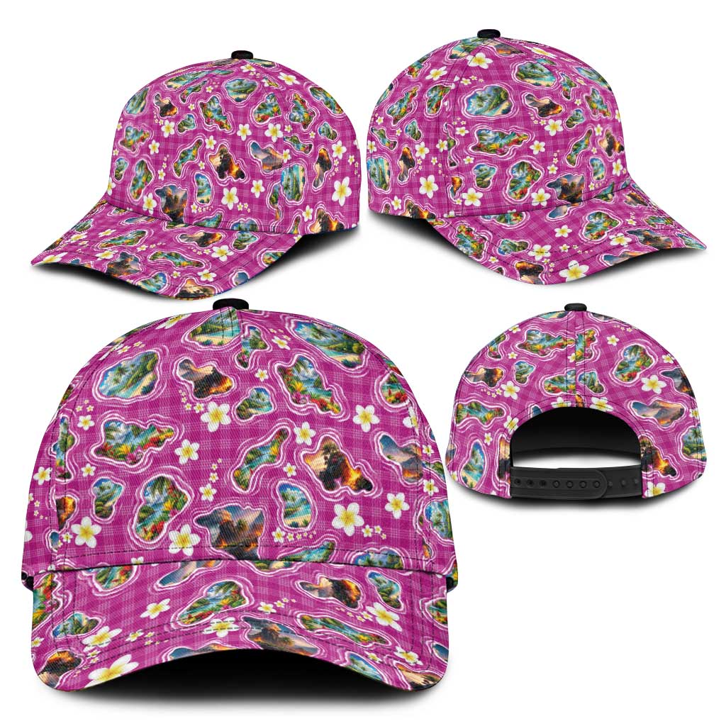 Hawaiian Island Shapes-Iconic Landscape Classic Cap with Plumeria and Palaka Pink Color