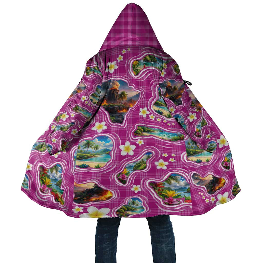 Hawaiian Island Shapes-Iconic Landscape Cloak with Plumeria and Palaka Pink Color LT03 Unisex Pink - Polynesian Pride