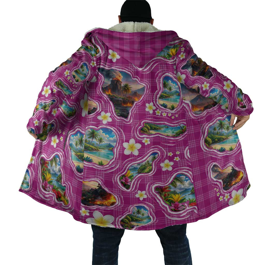 Hawaiian Island Shapes-Iconic Landscape Cloak with Plumeria and Palaka Pink Color LT03 - Polynesian Pride