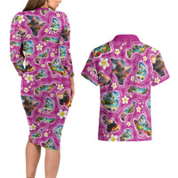 Hawaiian Island Shapes-Iconic Landscape Couples Matching Long Sleeve Bodycon Dress and Hawaiian Shirt with Plumeria and Palaka Pink Color LT03 - Polynesian Pride