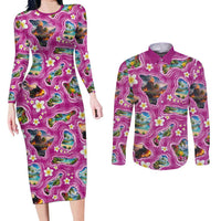 Hawaiian Island Shapes-Iconic Landscape Couples Matching Long Sleeve Bodycon Dress and Long Sleeve Button Shirt with Plumeria and Palaka Pink Color LT03 Pink - Polynesian Pride