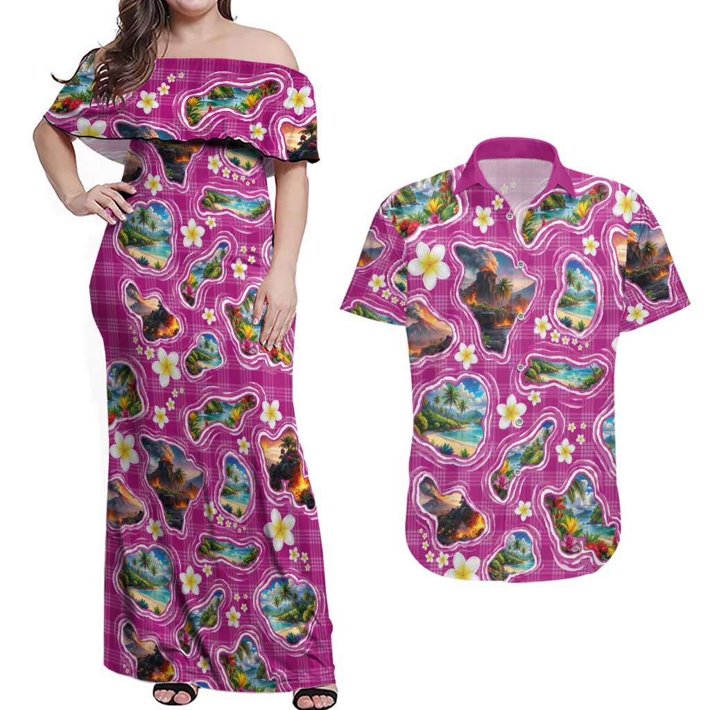 Hawaiian Island Shapes-Iconic Landscape Couples Matching Off Shoulder Maxi Dress and Hawaiian Shirt with Plumeria and Palaka Pink Color LT03 Pink - Polynesian Pride