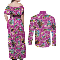 Hawaiian Island Shapes-Iconic Landscape Couples Matching Off Shoulder Maxi Dress and Long Sleeve Button Shirt with Plumeria and Palaka Pink Color LT03 - Polynesian Pride