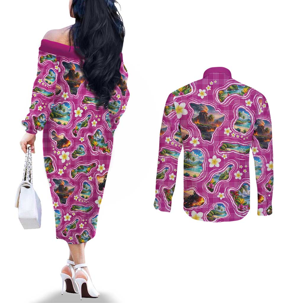 Hawaiian Island Shapes-Iconic Landscape Couples Matching Off The Shoulder Long Sleeve Dress and Long Sleeve Button Shirt with Plumeria and Palaka Pink Color LT03 - Polynesian Pride