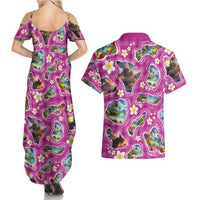 Hawaiian Island Shapes-Iconic Landscape Couples Matching Summer Maxi Dress and Hawaiian Shirt with Plumeria and Palaka Pink Color LT03 - Polynesian Pride