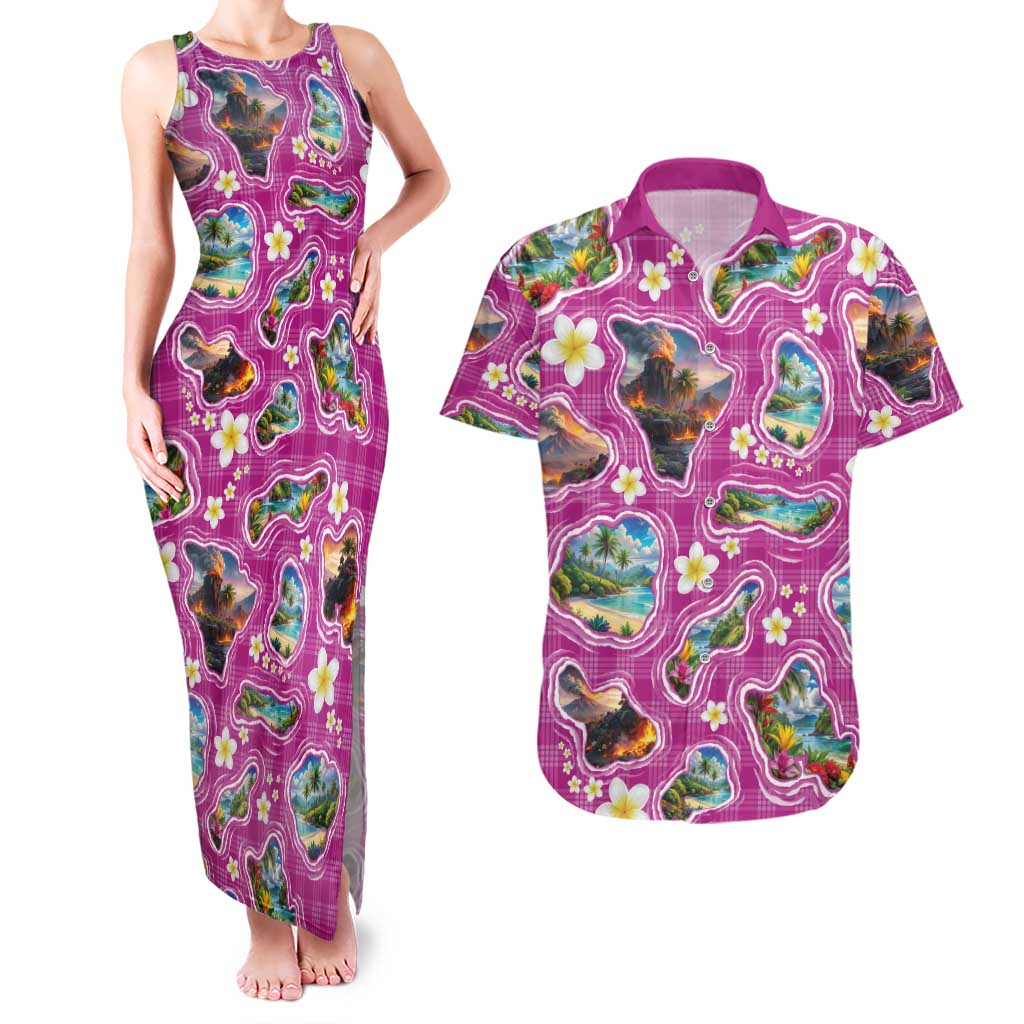 Hawaiian Island Shapes-Iconic Landscape Couples Matching Tank Maxi Dress and Hawaiian Shirt with Plumeria and Palaka Pink Color LT03 Pink - Polynesian Pride