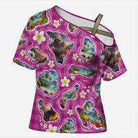 Hawaiian Island Shapes-Iconic Landscape Cross Shoulder Shirt with Plumeria and Palaka Pink Color LT03 Female Pink - Polynesian Pride