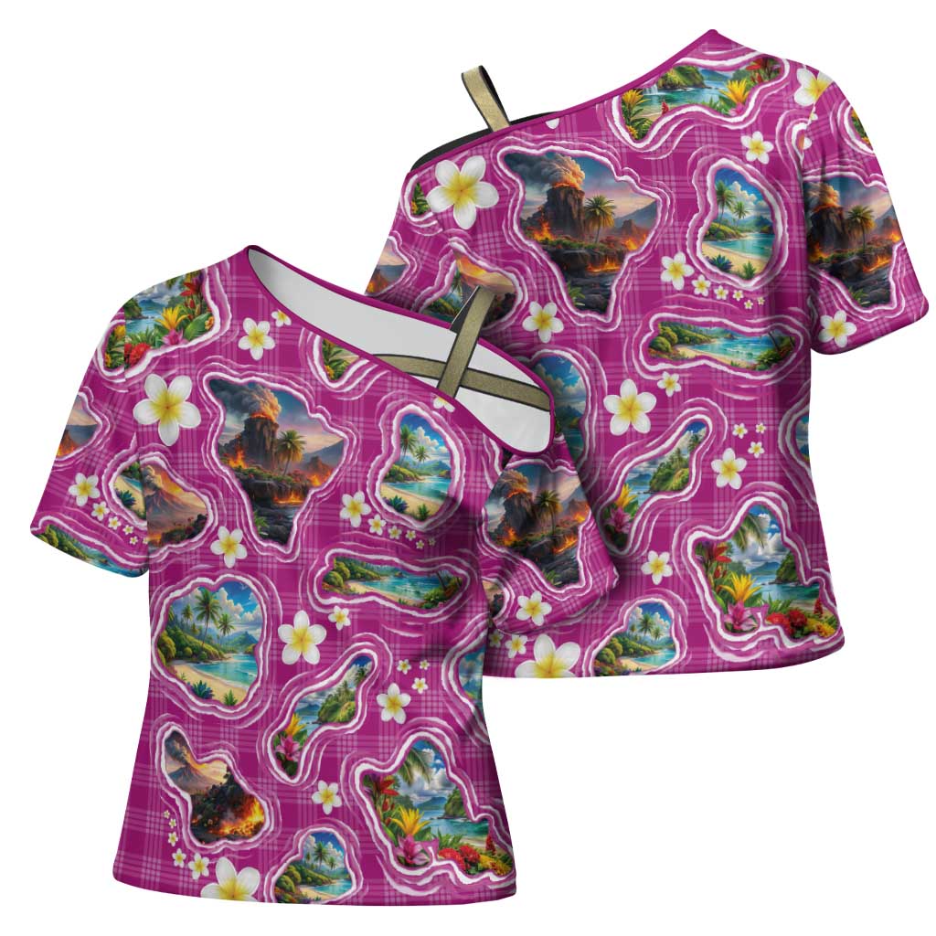 Hawaiian Island Shapes-Iconic Landscape Cross Shoulder Shirt with Plumeria and Palaka Pink Color LT03 - Polynesian Pride