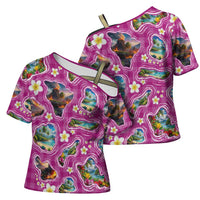 Hawaiian Island Shapes-Iconic Landscape Cross Shoulder Shirt with Plumeria and Palaka Pink Color LT03 - Polynesian Pride