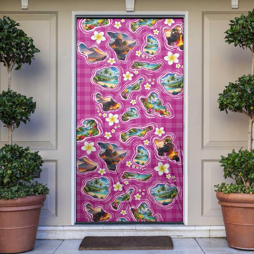 Hawaiian Island Shapes-Iconic Landscape Door Cover with Plumeria and Palaka Pink Color