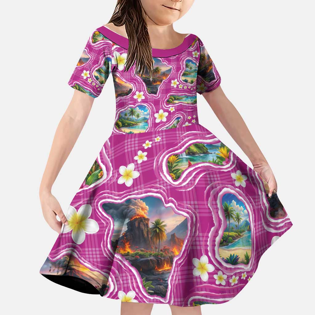 Hawaiian Island Shapes-Iconic Landscape Family Matching Long Sleeve Bodycon Dress and Hawaiian Shirt with Plumeria and Palaka Pink Color LT03 Daughter's Dress Pink - Polynesian Pride