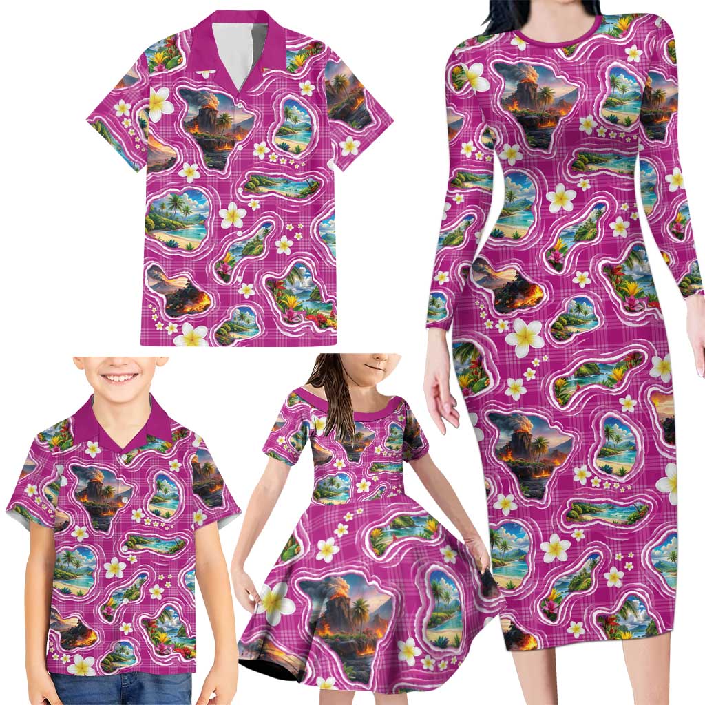 Hawaiian Island Shapes-Iconic Landscape Family Matching Long Sleeve Bodycon Dress and Hawaiian Shirt with Plumeria and Palaka Pink Color