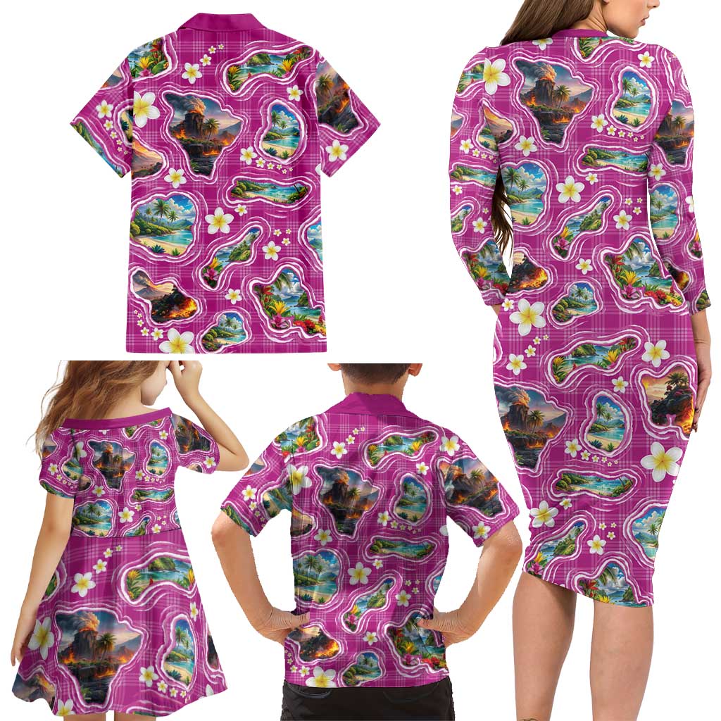 Hawaiian Island Shapes-Iconic Landscape Family Matching Long Sleeve Bodycon Dress and Hawaiian Shirt with Plumeria and Palaka Pink Color LT03 - Polynesian Pride