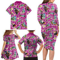 Hawaiian Island Shapes-Iconic Landscape Family Matching Long Sleeve Bodycon Dress and Hawaiian Shirt with Plumeria and Palaka Pink Color LT03 - Polynesian Pride