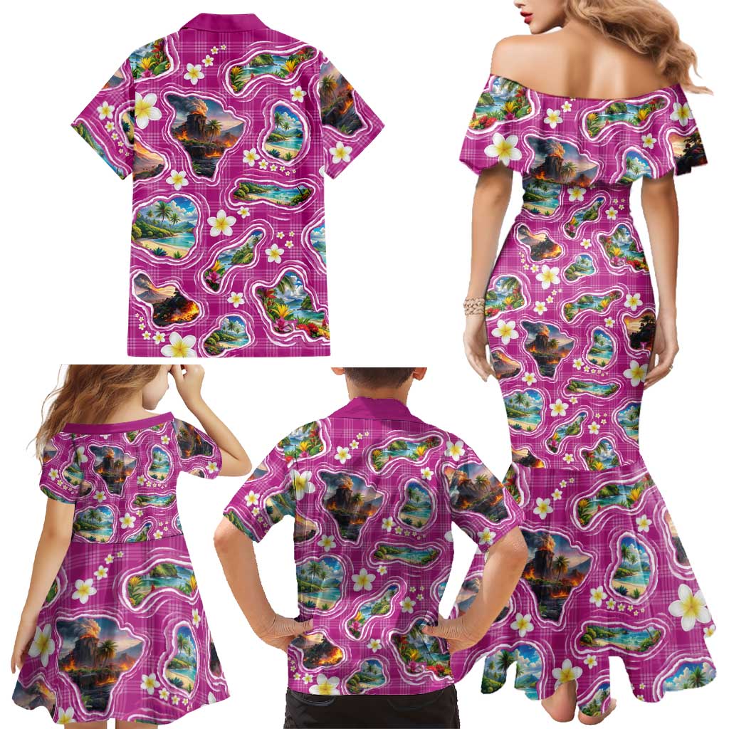 Hawaiian Island Shapes-Iconic Landscape Family Matching Mermaid Dress and Hawaiian Shirt with Plumeria and Palaka Pink Color LT03 - Polynesian Pride