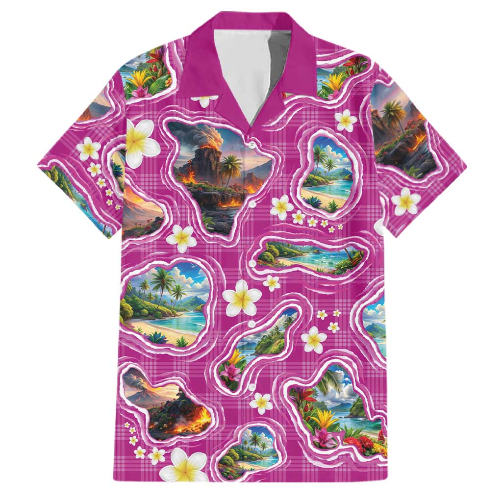 Hawaiian Island Shapes-Iconic Landscape Family Matching Mermaid Dress and Hawaiian Shirt with Plumeria and Palaka Pink Color LT03 Dad's Shirt - Short Sleeve Pink - Polynesian Pride