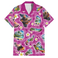 Hawaiian Island Shapes-Iconic Landscape Family Matching Mermaid Dress and Hawaiian Shirt with Plumeria and Palaka Pink Color LT03 Dad's Shirt - Short Sleeve Pink - Polynesian Pride