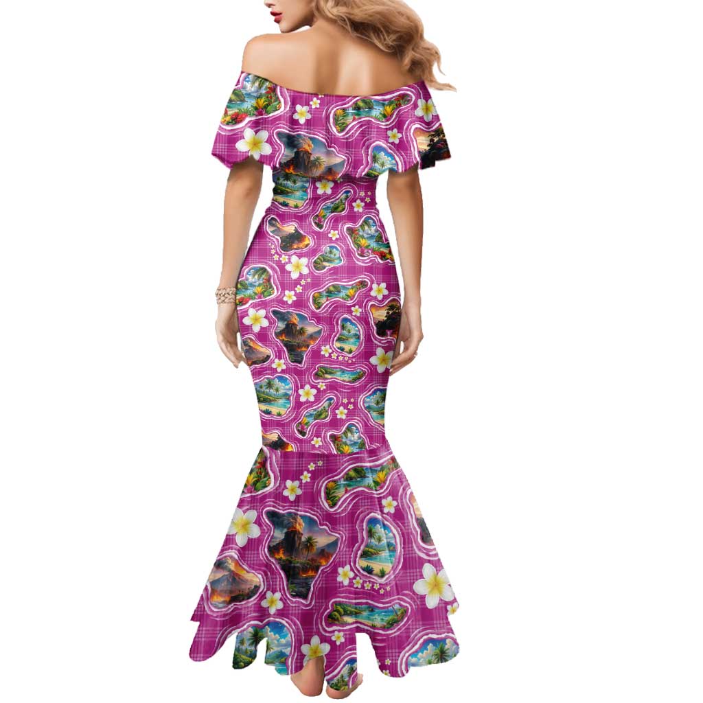 Hawaiian Island Shapes-Iconic Landscape Family Matching Mermaid Dress and Hawaiian Shirt with Plumeria and Palaka Pink Color LT03 - Polynesian Pride