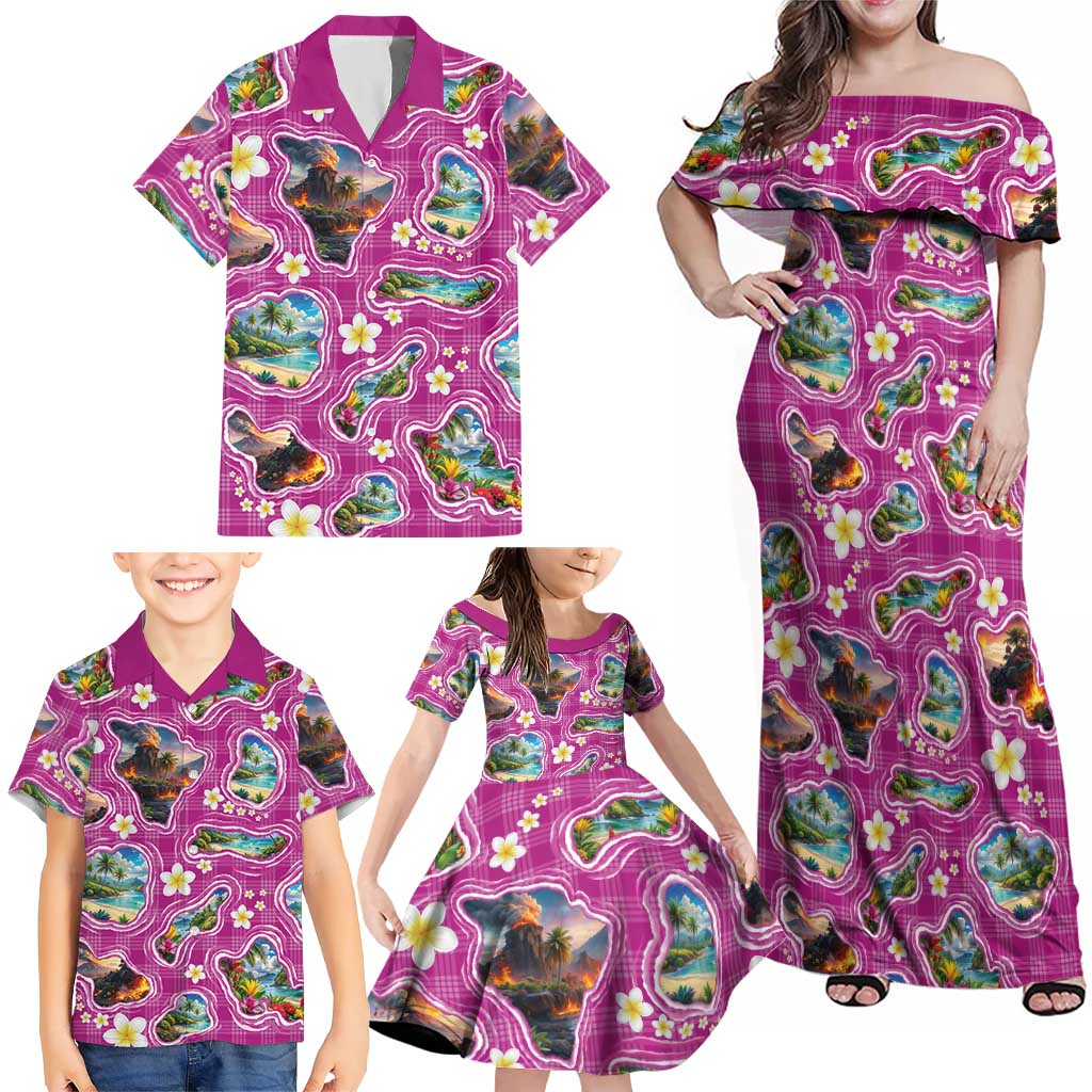 Hawaiian Island Shapes-Iconic Landscape Family Matching Off Shoulder Maxi Dress and Hawaiian Shirt with Plumeria and Palaka Pink Color LT03 - Polynesian Pride