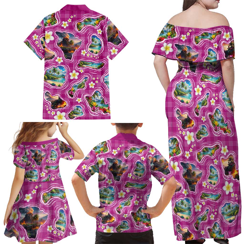 Hawaiian Island Shapes-Iconic Landscape Family Matching Off Shoulder Maxi Dress and Hawaiian Shirt with Plumeria and Palaka Pink Color LT03 - Polynesian Pride