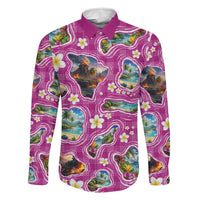 Hawaiian Island Shapes-Iconic Landscape Family Matching Off Shoulder Maxi Dress and Hawaiian Shirt with Plumeria and Palaka Pink Color LT03 Dad's Shirt - Long Sleeve Pink - Polynesian Pride