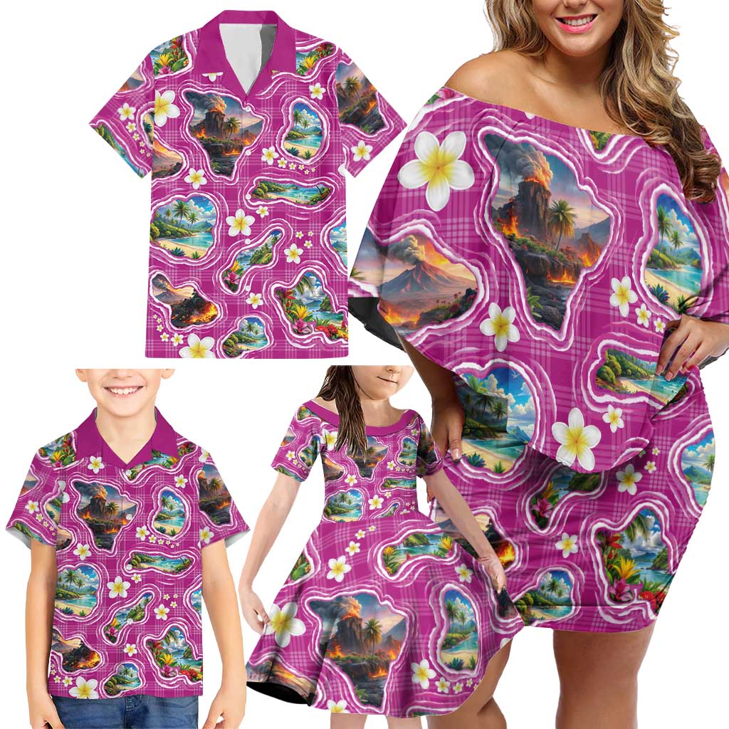 Hawaiian Island Shapes-Iconic Landscape Family Matching Off Shoulder Short Dress and Hawaiian Shirt with Plumeria and Palaka Pink Color LT03 - Polynesian Pride