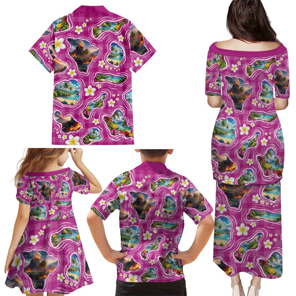 Hawaiian Island Shapes-Iconic Landscape Family Matching Puletasi and Hawaiian Shirt with Plumeria and Palaka Pink Color LT03 - Polynesian Pride
