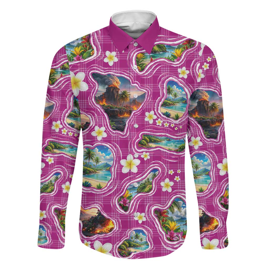 Hawaiian Island Shapes-Iconic Landscape Family Matching Puletasi and Hawaiian Shirt with Plumeria and Palaka Pink Color LT03 Dad's Shirt - Long Sleeve Pink - Polynesian Pride