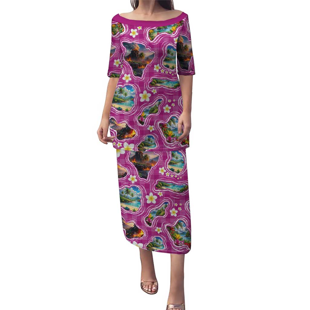 Hawaiian Island Shapes-Iconic Landscape Family Matching Puletasi and Hawaiian Shirt with Plumeria and Palaka Pink Color LT03 Mom's Dress Pink - Polynesian Pride