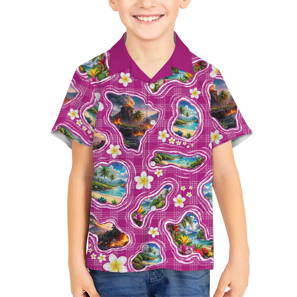 Hawaiian Island Shapes-Iconic Landscape Family Matching Puletasi and Hawaiian Shirt with Plumeria and Palaka Pink Color LT03 Son's Shirt Pink - Polynesian Pride