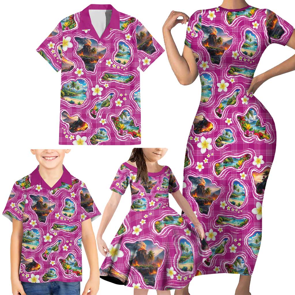 Hawaiian Island Shapes-Iconic Landscape Family Matching Short Sleeve Bodycon Dress and Hawaiian Shirt with Plumeria and Palaka Pink Color LT03 - Polynesian Pride