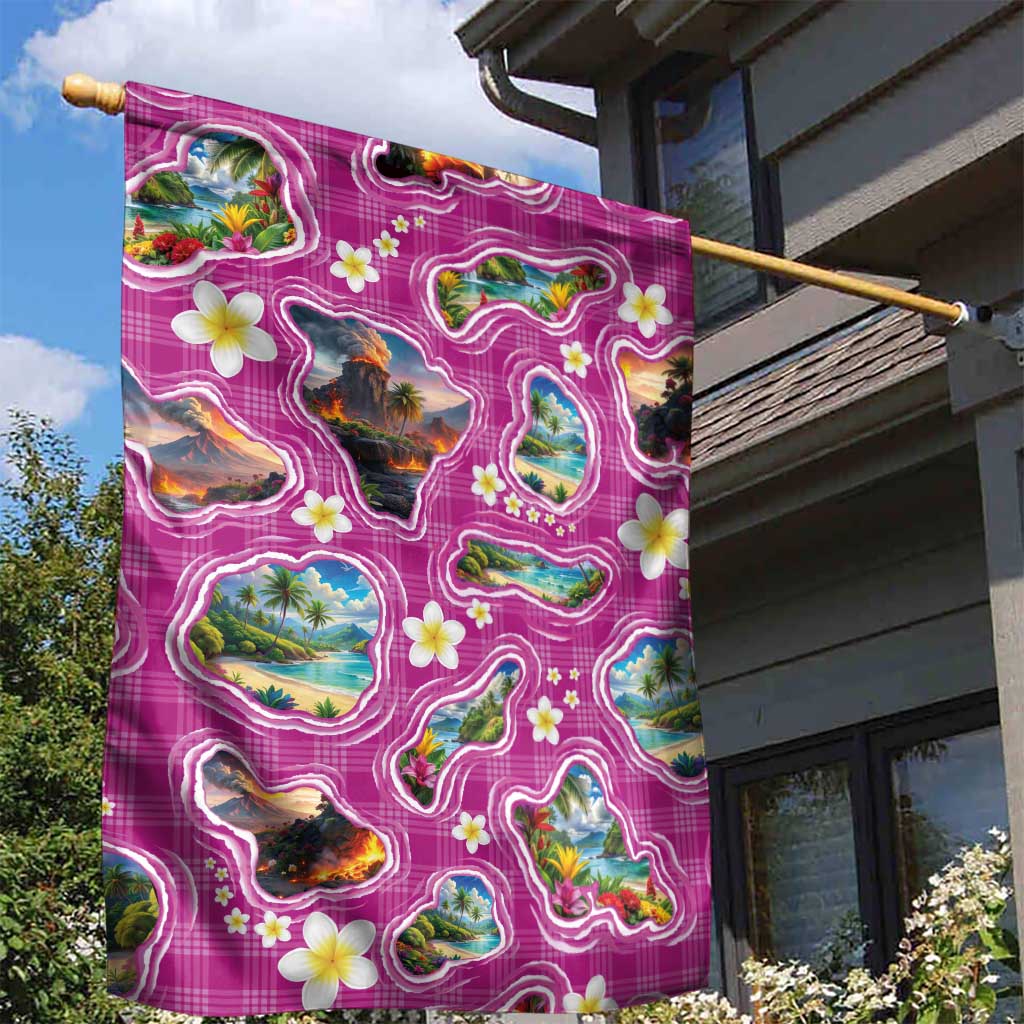 Hawaiian Island Shapes-Iconic Landscape Garden Flag with Plumeria and Palaka Pink Color LT03 - Polynesian Pride