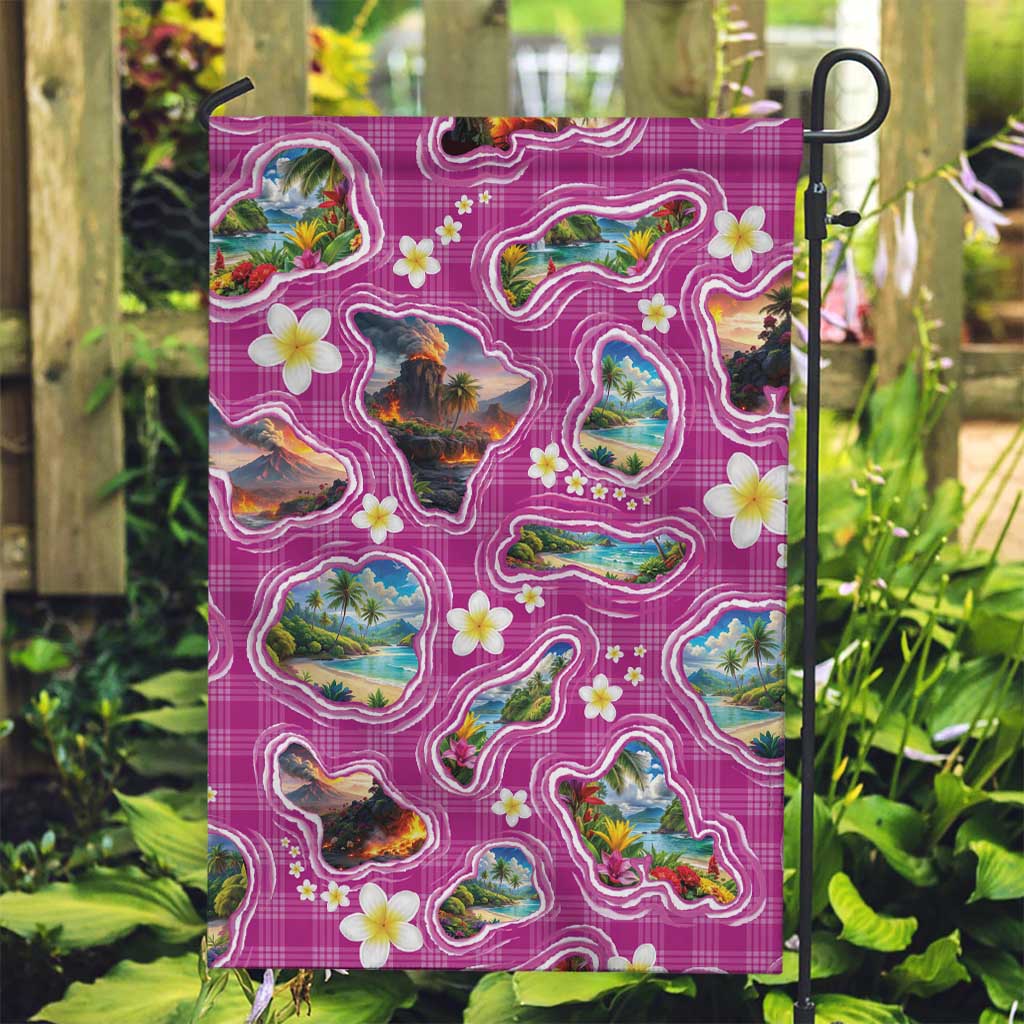 Hawaiian Island Shapes-Iconic Landscape Garden Flag with Plumeria and Palaka Pink Color LT03 Garden Flag Pink - Polynesian Pride