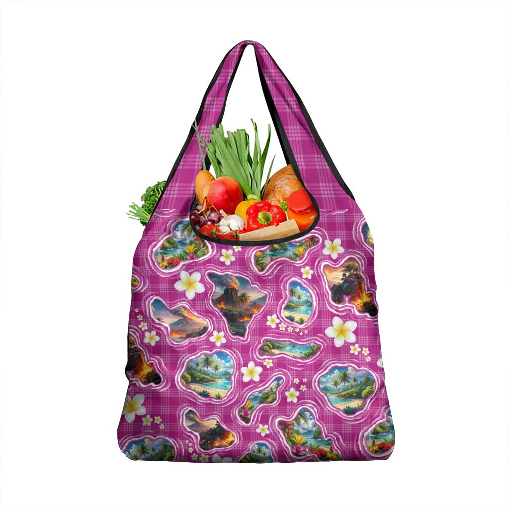 Hawaiian Island Shapes-Iconic Landscape Grocery Bag with Plumeria and Palaka Pink Color