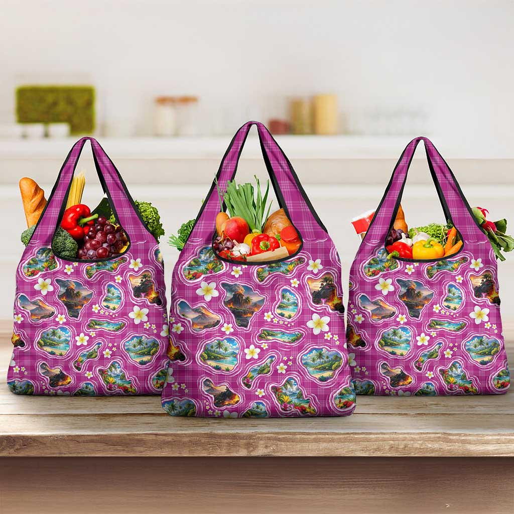 Hawaiian Island Shapes-Iconic Landscape Grocery Bag with Plumeria and Palaka Pink Color LT03 3-pack One Size Pink - Polynesian Pride