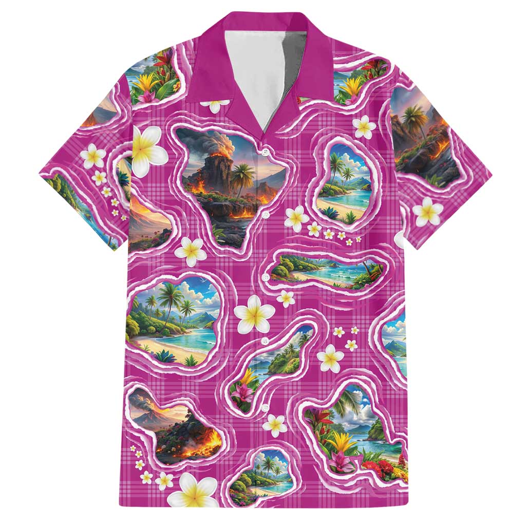 Hawaiian Island Shapes-Iconic Landscape Hawaiian Shirt with Plumeria and Palaka Pink Color LT03 Pink - Polynesian Pride