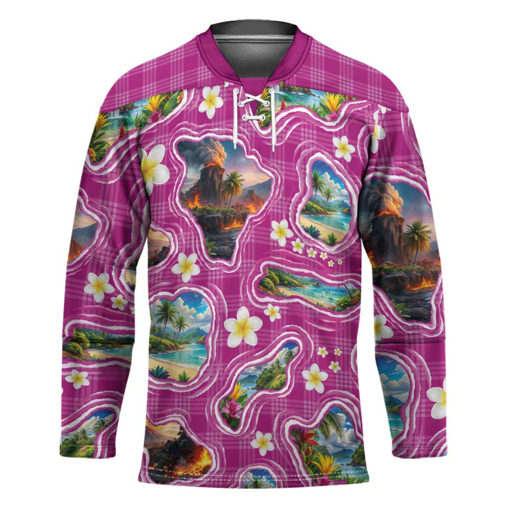Hawaiian Island Shapes-Iconic Landscape Hockey Jersey with Plumeria and Palaka Pink Color LT03 Unisex Pink - Polynesian Pride